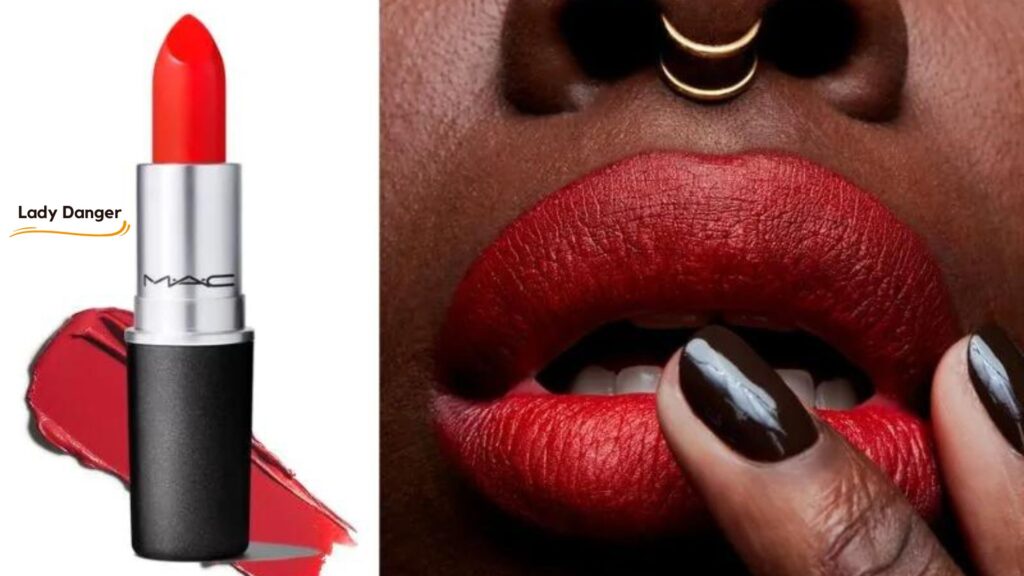 MAC Lady Danger Lipstick is a bright, orange-red matte. I love using orange-reds for parties, events, dinners, etc because they're gorgeous and different from a typical red lip