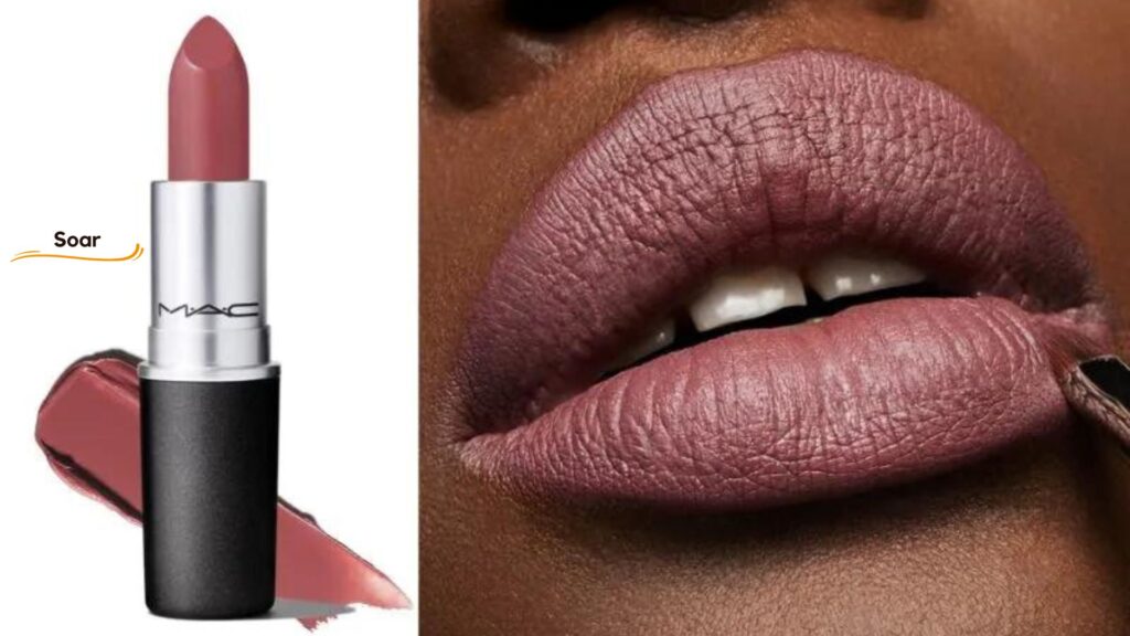 MAC Soar is a slightly cool-toned, dark mauve with a semi-matte finish. It is a permanent lipstick that retails for $19.00 and contains 0.1 oz.